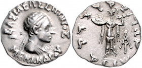 BAKTRIEN, Menander, 160-145 v.Chr., AR Drachme, Gandhara. Diad. Königsbüste r. Rs.Athena steht l. mit Blitz und Schild. 2,48g.
f.vz/vz+
Bopea.13B