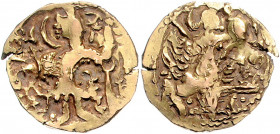 KUSHAN, POST KIDARITEN, 5.Jahrh. n.Chr., AV Stater. Stilis. König mit Trident vor Altar. Rs.Stilis. throhnende Göttin. 7,97g.
GOLD, s-ss
Mitch.3695f...