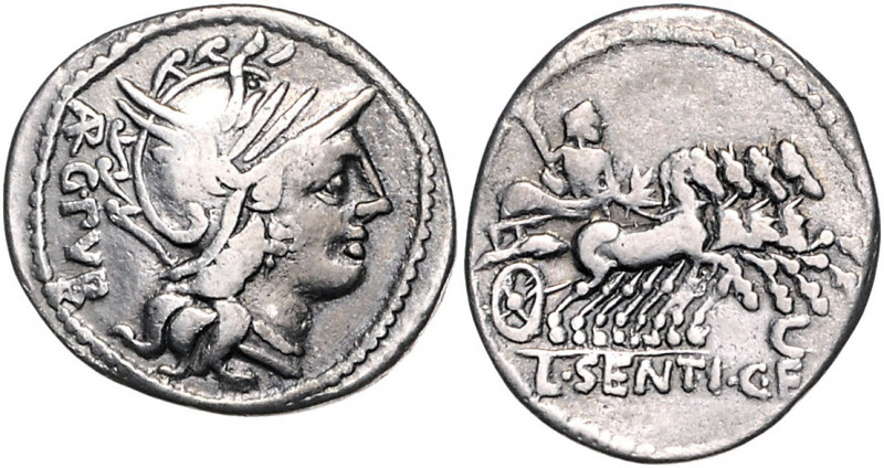 RÖMISCHE REPUBLIK, L. Sentius C.f., 101 v.Chr., AR Denar. Behelmter Romakopf r.,...
