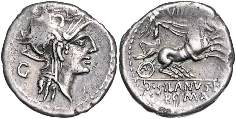 RÖMISCHE REPUBLIK, D. Silanus L.f., 91 v.Chr., AR Denar. Behelmter Romakopf r., ...