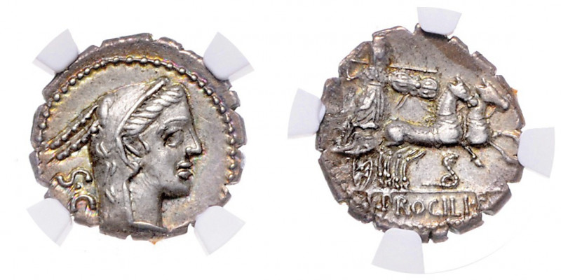 RÖMISCHE REPUBLIK, L. Procilius, 80 v.Chr., AR Denar. Kopf der Juno Sospita mit ...