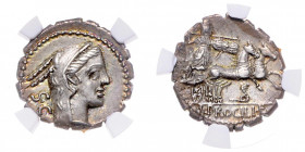RÖMISCHE REPUBLIK, L. Procilius, 80 v.Chr., AR Denar. Kopf der Juno Sospita mit Ziegenhaube. Rs.Juno Sospita in Biga, unter Pferd Schlange. 3,84g.
NG...