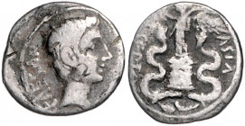 RÖMISCHES REICH, Augustus als Imperator, 30-27 v.Chr., AR Quinar (29 v.Chr.), Rom. Kopf r., CAESAR [IMP VII]. Rs.Victoria steht auf cista mystica zwis...