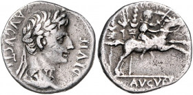 RÖMISCHES REICH, Augustus, 27 v.-14 n.Chr., AR Denar (8-7 v.Chr.), Lugdunum. Belorb. Kopf r., AVGVSTV[S] DIVI F. Rs.Gaius Caesar r. reitend, C CAES AV...