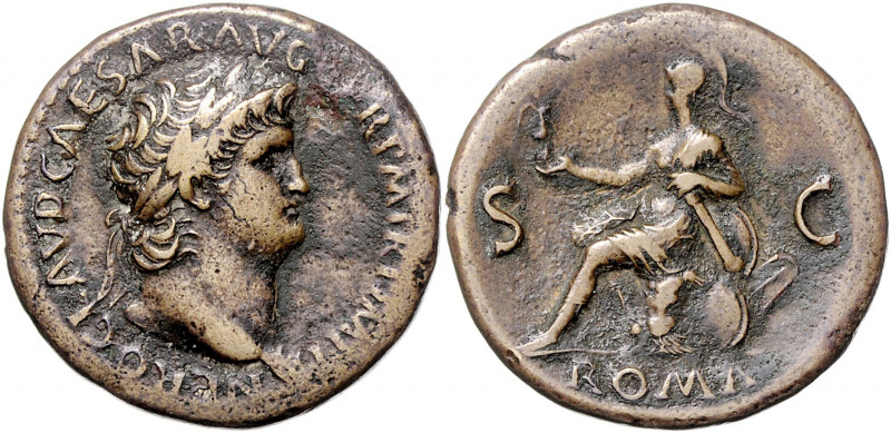 RÖMISCHES REICH, Nero, 54-68, AE Sesterz, Rom. Belorb. Kopf r. Rs.Roma sitzt l. ...