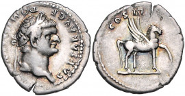 RÖMISCHES REICH, Domitian als Caesar, 69-81, AR Denar (76), Rom. Belorb. Büste r., CAESAR AVG F DOMITIANVS. Rs.Pegasos r. stehend, COS IIII. 3,22g.
s...