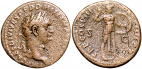 RÖMISCHES REICH, Domitian, 81-96, AE As COS VIII DES VIIII =82, Rom. Belorb. Kopf l., IMP CAES DIVI VESP F DOMITIAN AVG. Rs.Minerva mit Speer und Schi...