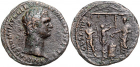 RÖMISCHES REICH, Domitian, 81-96, AE As (88), Rom. Belorb. Büste r., IMP CAES DOMIT AVG GERM PP TRP VIIII CENS PER P. Rs.Domitian vor Tempel l. stehen...