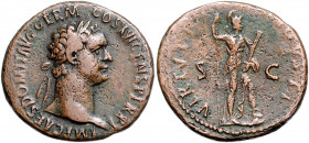 RÖMISCHES REICH, Domitian, 81-96, AE As COS XVI =92-94, Rom. Belorb. Büste r., IMP CAES DOMIT AVG GERM COS XVI CENS PER PP. Rs.Virtus r. stehend, hält...