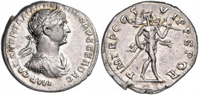 RÖMISCHES REICH, Trajan, 98-117, AR Denar COS V =103-111, Rom. Belorb. Büste mit Paludamentum r. Rs.Mars geht r. mit Lanze und Trophäen. 3,18g.
ss-vz...