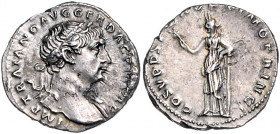 RÖMISCHES REICH, Trajan, 98-117, AR Denar COS V =103-111, Rom. Belorb. Büste r. Rs.Felicitas mit Caduceus lehnt l. an Säule. 3,06g.
feine Patina, vz+...