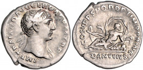 RÖMISCHES REICH, Trajan, 98-117, AR Denar =103-111, Rom. Belorb. Büste r., IMP TRAIANO AVG GER DAC PM TRP. Rs.Donau l. gelagert, COS V PP SPQR OPTIMO ...