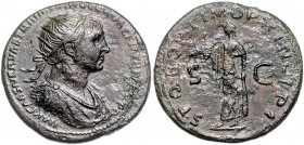 RÖMISCHES REICH, Trajan, 98-117, AE Dupondius, Rom. Büste mit Strahlenkrone und Paludamentum r. Rs.Spes schreitet l. mit Blumen und gerafftem Kleid. 1...