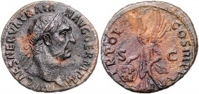 RÖMISCHES REICH, Trajan, 98-117, AE As COS III =99-100, Rom. Belorb. Büste r. Rs.Victoria steht l., hält Schild. 9,56g.
schöne braune Patina, ss+
RI...