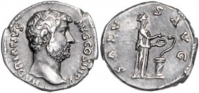 RÖMISCHES REICH, Hadrian, 117-138, AR Denar COS III (119-122), Rom. Belorb. Büste r. Rs.Salus steht r., opfert aus Patera über Altar mit Schlange. 3,5...