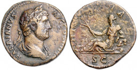 RÖMISCHES REICH, Hadrian, 117-138, AE Dupondius (134-138), Rom. Belorb. u. drap. Büste r., HADRIANVS AVG COS III PP. Rs.Hispania l. gelagert, HISPANIA...