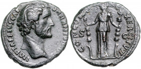 RÖMISCHES REICH, Antoninus Pius als Caesar, 138, AE As (138), Rom. Büste r., IMP T AELIVS CAESAR ANTONINVS. Rs.Concordia zw. 2 Feldzeichen, [TRP COS] ...
