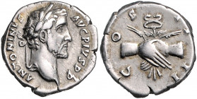 RÖMISCHES REICH, Antoninus Pius, 138-161, AR Denar COS IIII =145-161, Rom. Belorb. Büste r. Rs.Hände im Handschlag mit Caduceus und Kornähren. 3,14g....