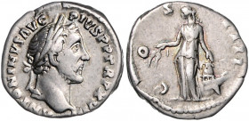 RÖMISCHES REICH, Antoninus Pius, 138-161, AR Denar TRP XVIII =154-155, Rom. Belorb. Büste r., ANTONINVS AVG PIVS PP TRP XVIII. Rs.Anonna l. stehend, h...