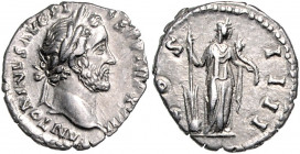 RÖMISCHES REICH, Antoninus Pius, 138-161, AR Denar TRP XVIII =154/155, Rom. Belorb. Büste r. Rs.Fortuna steht r. hält Ruder und Füllhorn. 3,26g.
vz/f...