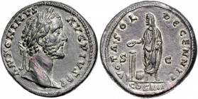RÖMISCHES REICH, Antoninus Pius, 138-161, AE Sesterz COS III =140-144, Rom. Belorb. Büste r. Rs.Kaiser opfert am Altar. 27,6g.
l.bearb., ss-vz
RIC 1...