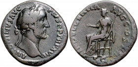 RÖMISCHES REICH, Antoninus Pius, 138-161, AE Sesterz, Rom. Belorb. Büste r. Rs.Indulgentia sitzt l. mit Zepter und ausgestreckter offenen Hand. 23,51g...