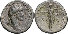 RÖMISCHES REICH, Antoninus Pius, 138-161, AE Sesterz, Rom. Belorb. Büste r. Rs.Apollo steht l. mit Patera und Lyra zwischen SC. 25,55g.
ss
RIC 598