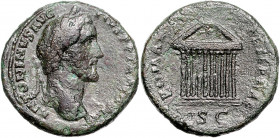 RÖMISCHES REICH, Antoninus Pius, 138-161, AE Sesterz, Rom. Belorb. Büste r. Rs.ROMAE AETERNAE. Zehnsäuliger Tempel über SC. 24,4g.
ss
RIC 622