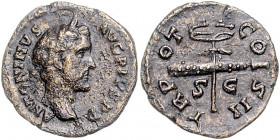 RÖMISCHES REICH, Antoninus Pius, 138-161, AE Quadrans, Rom. Belorb. Büste r. Rs.Keule und Caduceus zwischen SC. 1,93g.
selten, f.ss/ss-vz
RIC 573