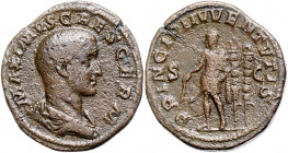 RÖMISCHES REICH, Maximus als Caesar, 235-238, AE Sesterz, (235-236), Rom. Bloße Büste r. Rs.Maximus steht l. mit Stab und Lanze, vor zwei Standarten, ...