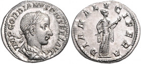 RÖMISCHES REICH, Gordian III., 238-244, AR Denar, Rom. Belorb. Büste r. Rs.Diana steht r. mit Fackel. DIANA LUCIFERA. 2,53g.
vz+
RIC 127