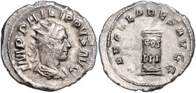 RÖMISCHES REICH, Philipp I., 244-249, AR Antoninian (248), Rom. Büste r. mit Strahlenkrone. Rs.Schlanke Säule, beschriftet mit COS III. 3,40g.
ss+
R...