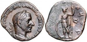 RÖMISCHES REICH, Trebonianus Gallus, 251-253, AE Sesterz, Rom. Belorb. Büste r. Rs.Virtus stehend mit Schild und Lanze. 17,63g.
ss
RIC 126a; C.134