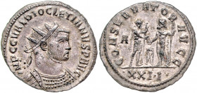 RÖMISCHES REICH, Diocletian, 284-305, AE Antoninian, A XXI =Siscia. IMP CC VAL DIOCLETIANVS P AVG. Gepanz. Büste mit Strahlenkrone r. Rs.CONSERVATOR A...