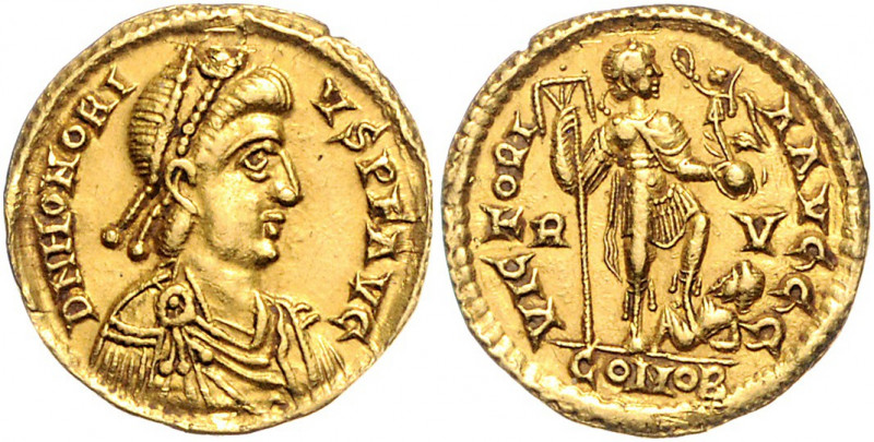 RÖMISCHES REICH, Honorius, 393-423, AV Solidus, RV CONOB =Ravenna. Diad. Büste r...