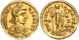 RÖMISCHES REICH, Honorius, 393-423, AV Solidus, RV CONOB =Ravenna. Diad. Büste r. Rs.Honorius r. stehend, in der Rechten Labarum, in der Linken Globus...