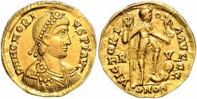RÖMISCHES REICH, Honorius, 393-423, AV Solidus (408-423), RV =Ravenna. Diad.Büste r. Rs.Honorius r. stehend, in der Rechten Standarte, in der Linken G...