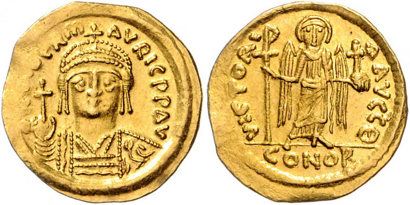 BYZANTINISCHES REICH, Mauricius Tiberius, 582-602, AV Solidus. Behelmte Büste v....