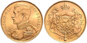 BELGISCHES KÖNIGREICH, Albert I., 1909-1934, 20 Francs 1914. Des Belges.
Ware ist MwSt-befreit
VAT tax free
GOLD, vz+
KM 78; Frbg.421