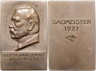 POLITIKER, Deutscher Reichspräsident, Br.-Plakette 1927 von H.Wernstein (Jena-Lobstedt) a.d. Gaumeister. Büste Hindenburgs l. Rs.GAUMEISTER 1927, daru...