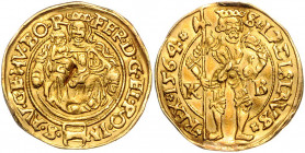 HAUS HABSBURG, Ferdinand I., ab 1526 König, Kaiser 1558-1564, Dukat 1564 KB, Kremnitz. 3,37g.
GOLD, Vs.i.F.geglättet, Rs.Kr., Rd.bearb., ss
Frbg.48;...