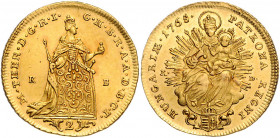 HAUS HABSBURG, Maria Theresia, 1740-1780, Doppeldukat 1765 K-B, Kremnitz. 6,95g.
GOLD, Prachtex. mit feiner Goldpatina, kl.Kr., vz-st
Frbg.179; Her....