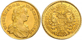 HAUS HABSBURG, Maria Theresia, 1740-1780, Dukat 1756, Wien. 3,48g.
GOLD, Vs.kl.Sf., vz+
Frbg.406; Her.92