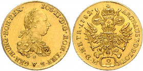 HAUS HABSBURG, Joseph II., 1765-1790, Doppeldukat 1782 E, Karlsburg. 6,98g.
GOLD, vz
Frbg.199; Her.11