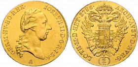 HAUS HABSBURG, Joseph II., 1765-1790, Doppeldukat 1786 A, Wien. 6,96g.
GOLD, vz/vz+
Frbg.437; Her.5
