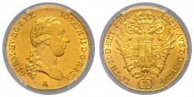 HAUS HABSBURG, Joseph II., 1765-1790, Doppeldukat 1786 A, Wien. 6,99g.
GOLD, PCGS AU 58
Frbg.437; Her.5