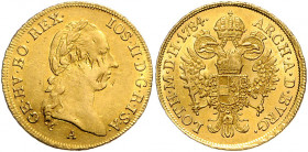HAUS HABSBURG, Joseph II., 1765-1790, Dukat 1784 A, Wien. 3,47g.
GOLD, Vs. Druckstellen, ss/ss-vz
Frbg.196