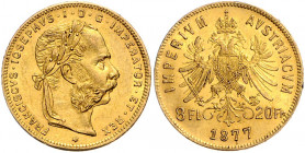 HAUS HABSBURG, Franz Joseph I., 1848-1916, 8 Florins (= 20 Francs) 1877.
Ware ist MwSt-befreit
VAT tax free
GOLD, f.vz
Frbg.502
