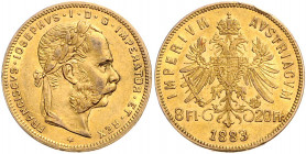 HAUS HABSBURG, Franz Joseph I., 1848-1916, 8 Florins (= 20 Francs) 1883.
Ware ist MwSt-befreit
VAT tax free
GOLD, ss-vz
Frbg.502