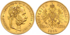 HAUS HABSBURG, Franz Joseph I., 1848-1916, 8 Florins (= 20 Francs) 1885.
Ware ist MwSt-befreit
VAT tax free
GOLD, ss+/ss-vz
Frbg.502
